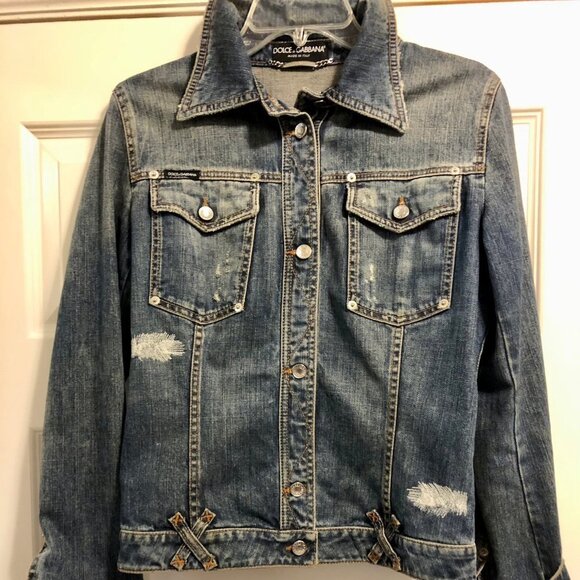 DOLCE & GABBANA Y2K Distressed Jean Jacket Leopard Gold DG Logo M MSRP $1395 - Picture 3 of 7